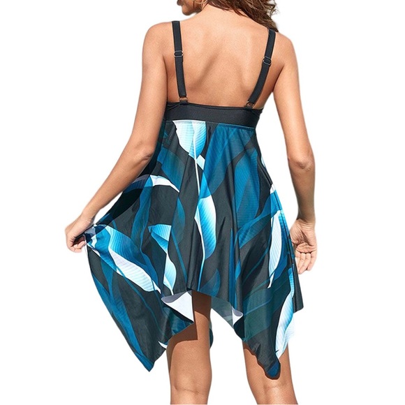 Teal Turquoise Blue Black Tankini Swimdress (Top Only) SIZE XXL (US M) Skirted - Picture 4 of 9